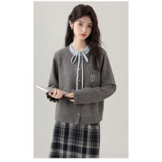 批发2025秋冬新款假两件<b class='q'>针织</b>衫女慵懒气质圆领<b class='q'>短款</b>韩版系带<b class='q'>开衫</b>女上衣