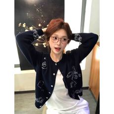 批发美式复古针织开衫外套女早秋穿搭小狗刺绣长袖毛衣外套慵懒风上衣