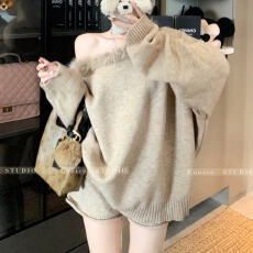 批发毛领斜肩一字肩毛衣女秋冬<b class='q'>中长款</b>宽松慵懒风针织衫短<b class='q'>裤</b>两件套