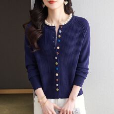 批发秋冬新款彩色纽扣<b class='q'>时尚</b>宽松显瘦毛衣外套圆领<b class='q'>时尚</b>年轻<b class='q'>妈妈装</b>开衫女