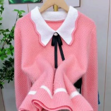 批发秋冬新款<b class='q'>韩版</b>套头娃娃领上衣宽松圆领拼色针织打底衫毛衣