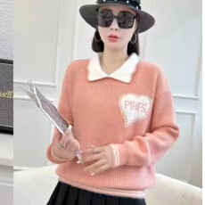 批发2025秋冬新款<b class='q'>韩版</b>宽松显瘦拼色娃娃领针织打底衫女毛衣套头上衣