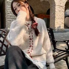 法式V领毛衣开衫外套女秋冬宽松慵懒软糯针织衫复古上衣