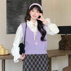 批发尔畔甜美立体花朵针织马甲女2025新款秋冬叠穿毛衣<b class='q'>长袖</b>衬衫两件套