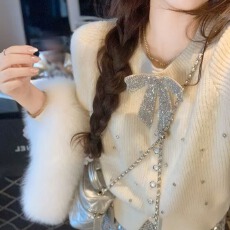 批发鱼兔子的兔子<b class='q'>甜美</b>镶钻针织上衣女春秋新款洋气毛衣开衫内搭打底衫