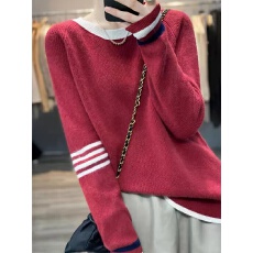 批发2025秋冬季圆领新款<b class='q'>打底衫</b>拼色毛衣女款长袖针织衫宽松洋气上衣