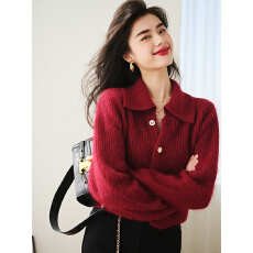 批发黄色翻领<b class='q'>短款</b>马海毛<b class='q'>针织</b><b class='q'>开衫</b>女春秋欧货漂亮时尚毛衣外套polo上衣