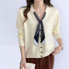 批发2025开衫新款<b class='q'>大码</b>设计感丝巾V领长袖<b class='q'>针织衫</b>女显瘦上衣