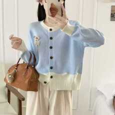 批发2025秋冬新款圆领宽松撞色香风拼色针织慵懒开衫毛衣外套上衣