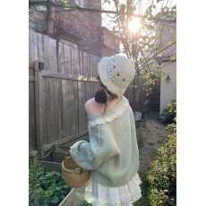 批发羊毛绒#法式蕾丝边一字肩长袖毛衣女露肩宽松套头针织衫慵懒上衣