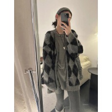 批发韩国东大门早秋新款复古风拼色韩版撞色格子慵懒风毛针织开衫上衣