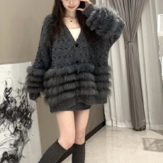 批发慵懒老钱风咖色条纹水貂绒毛衣外套女秋冬季中长款美拉德针织开衫