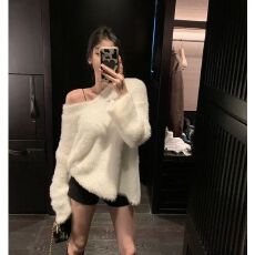 批发冬季加厚防貂毛衣V领保暖宽松白色打底衫慵懒风配棉服内搭时尚