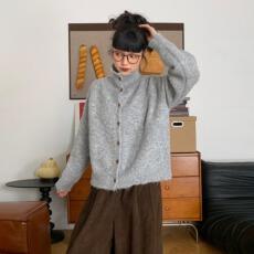 批发复古高领软糯针织开衫女韩版秋冬新款宽松休闲百搭显瘦慵懒毛衣潮