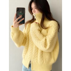 批发巨好看奶黄色绞花纹粗线<b class='q'>毛衣</b>外套双拉链高领针织开衫秋冬加厚上衣