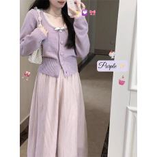 批发温柔风秋冬紫色<b class='q'>蕾丝</b>花边针织开衫外套女小香风毛衣外穿长袖上衣