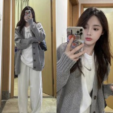 批发针织开衫女士秋冬季<b class='q'>中长款</b>慵懒风小个子宽松外穿加厚百搭毛衣外套