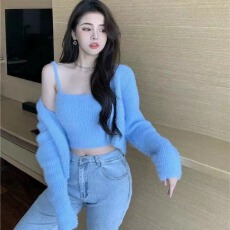 批发秋冬<b class='q'>新款</b>毛衣外套针织开衫上衣毛绒吊带两件套<b class='q'>背心</b>短款两件套装