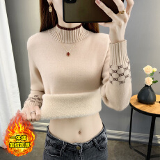 批发新款秋冬特厚一体绒毛衣女半高领加绒保暖加厚内搭修身打底针织衫