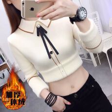 批发新款冬季加厚一体绒女士毛衣女加绒娃娃领套头百搭打底衫外穿上衣