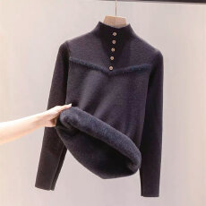 批发2025年秋冬新款一体绒毛衣女半高领加绒针织打底衫内搭保暖上衣厚