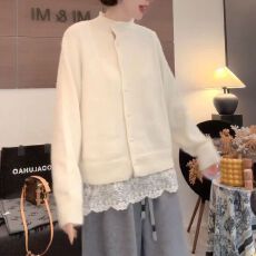 批发松弛感慵懒纯色立领针织衫2025秋冬新款时尚设计款单排扣长袖毛衣