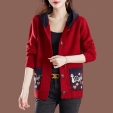 批发连帽毛衣外套女士<b class='q'>春</b>秋装新款洋气大码上衣带帽子外搭羊毛针织开衫