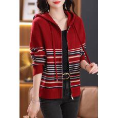 批发2025秋冬装新款连帽卫衣拉链针织外套女开衫条纹羊毛衫宽松<b class='q'>大码</b>