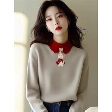 红灰撞色内搭小兔子圣诞节毛衣女2025新款秋冬季费尔岛风穿搭上衣