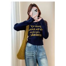 批发韩系圆领字母印花<b class='q'>针织衫</b>女秋季木耳边短款长袖上衣设计感修身小衫