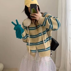 批发韩系慵懒条纹针织开衫女秋冬新款<b class='q'>宽松</b>显瘦百搭毛衣拉链外套短上衣