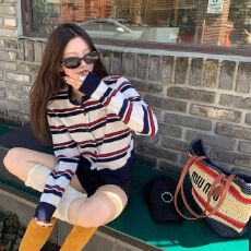 批发小狗刺绣春秋大码长袖条纹<b class='q'>针织衫</b>圆领开衫女设计感百搭短款上衣女