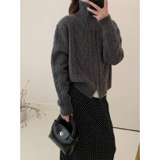 批发灰色高领麻花拉链毛衣<b class='q'>开衫</b>女秋冬新款气质设计感<b class='q'>短款</b>翻领针织外套