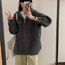 批发韩版秋季新款慵懒风宽松大版设计感毛衣外套连帽拉链针织<b class='q'>开衫</b>女