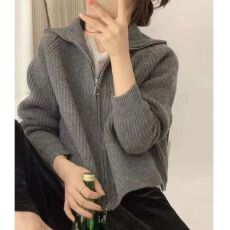 批发<b class='q'>韩版</b>复古拉链针织开衫女2023秋冬宽松外穿慵懒风翻领毛衣外套上衣