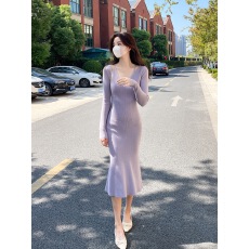 批发针织连衣裙秋装女新款温柔气质修身毛衣v领包臀<b class='q'>裙子</b>