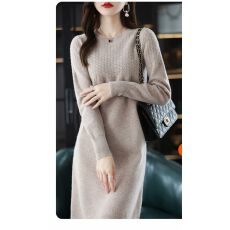 批发2025秋冬新款圆领<b class='q'>连衣裙</b>女中长款套头毛衣针织羊绒毛长裙