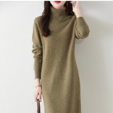 批发高翻领纯羊毛<b class='q'>连衣裙</b>女针织直筒宽松显瘦打底毛衣裙过膝中长羊绒裙