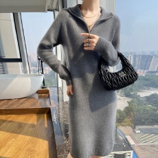 批发气质针织<b class='q'>连衣裙</b>女秋冬加厚内搭打底毛衣裙羊毛羊绒半拉链长款毛衣