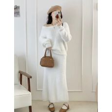 批发韩系氛围感斜肩水貂毛长袖套头+高腰<b class='q'>连衣</b>裙秋冬季气质时尚两件套