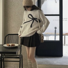 批发韩版新款圆领套头长袖撞色毛衣女冬季内搭打底日系宽松慵懒风上衣