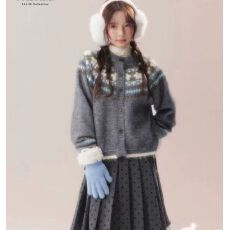 批发费尔岛开衫毛衣女秋冬提花图案圆领软糯针织衫外套