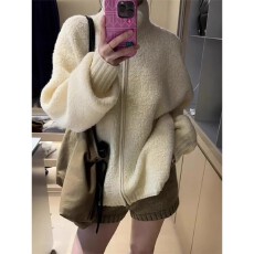 批发韩国chic秋冬韩系慵懒风立领双拉链羊羔毛外套宽松小个子毛衣<b class='q'>开衫</b>
