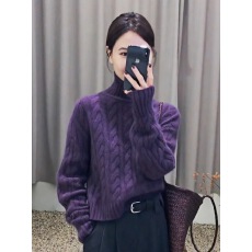 批发紫色高级感麻花纹高领针织毛衣女冬季新款复古慵懒风<b class='q'>短</b>款加厚上衣