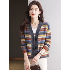 批发秋季v领条纹针织开衫女短款<b class='q'>秋装</b>2025新款外搭洋气毛衣外套春秋款