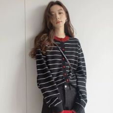 批发洋气慵懒毛衣外套2025<b class='q'>针织</b>衫秋<b class='q'>针织</b>长袖<b class='q'>开衫</b>撞色条纹上衣新款