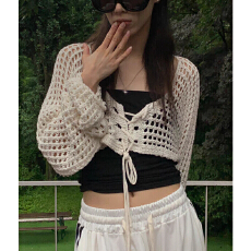 批发镂空系带短款显瘦套头针织衫女2026夏季新款韩版百搭修身心机上衣