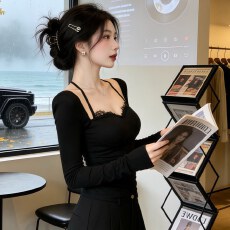 批发仿棉 带胸垫春秋挂脖露肩<b class='q'>长袖</b><b class='q'>t</b><b class='q'>恤</b>辣妹设计感内搭上衣