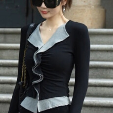 批发仿棉 法式拼色假两件设计感修身女<b class='q'>T</b><b class='q'>恤</b>春秋打底衫上衣