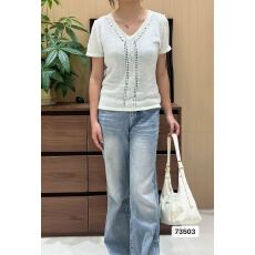 日常休闲V领金银丝镂空花纹针织短袖上衣